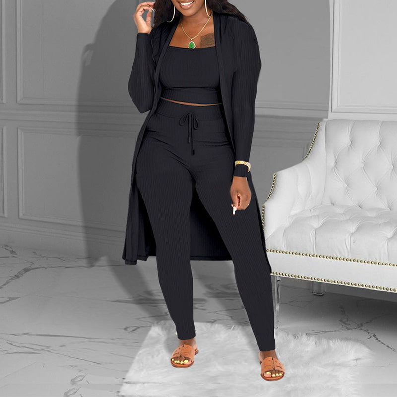 Casual 3-delige gebreide set – cropped top, vest en broek