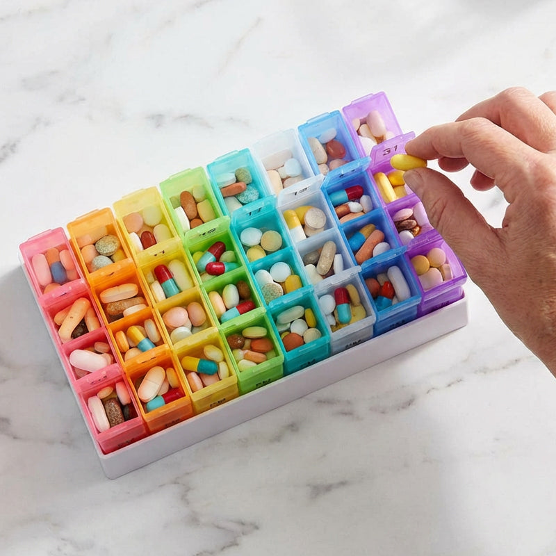 💊📅 Dagelijkse 31-daagse pillendoosje voor op reis🔒📦 Medicijnendoosje voor 4 weken met vakjes en labels, ideaal voor weekplanning, vakanties en senioren, compacte opslag