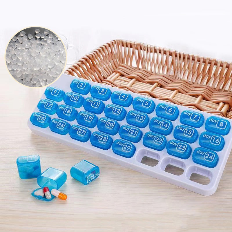 💊📅 Dagelijkse 31-daagse pillendoosje voor op reis🔒📦 Medicijnendoosje voor 4 weken met vakjes en labels, ideaal voor weekplanning, vakanties en senioren, compacte opslag