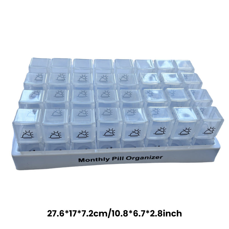 💊📅 Dagelijkse 31-daagse pillendoosje voor op reis🔒📦 Medicijnendoosje voor 4 weken met vakjes en labels, ideaal voor weekplanning, vakanties en senioren, compacte opslag
