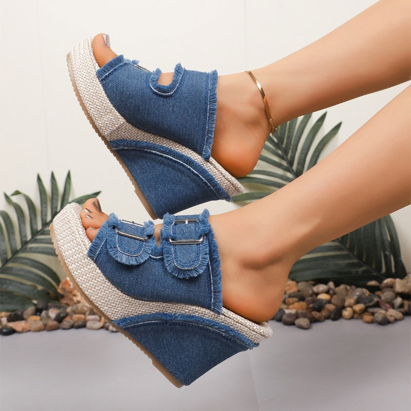 Dames Casual Denim Plateau Slippers