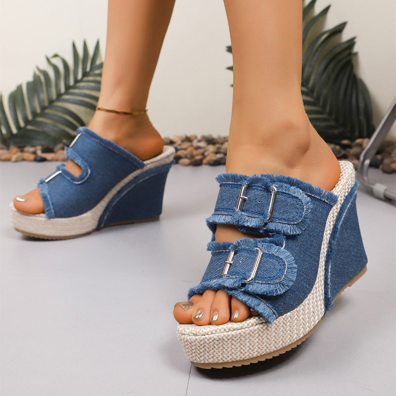 Dames Casual Denim Plateau Slippers