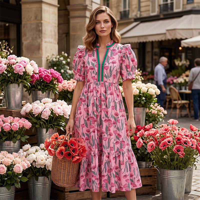 Dames Maxi-jurk met Bloemenprint en Pofmouwen