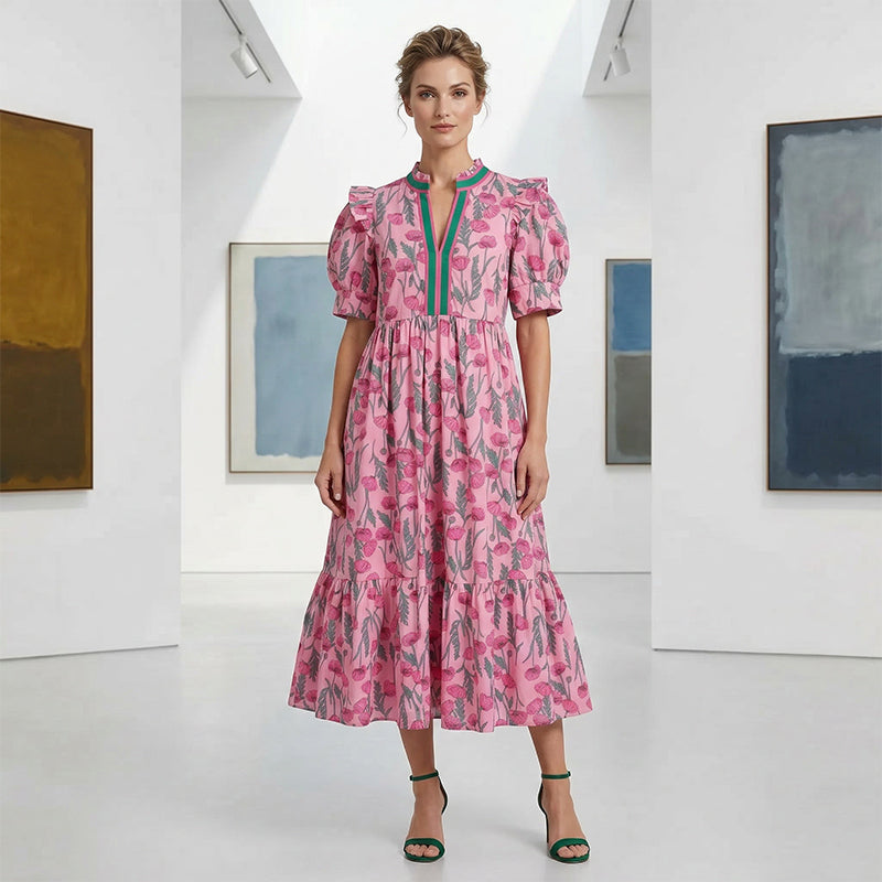 Dames Maxi-jurk met Bloemenprint en Pofmouwen