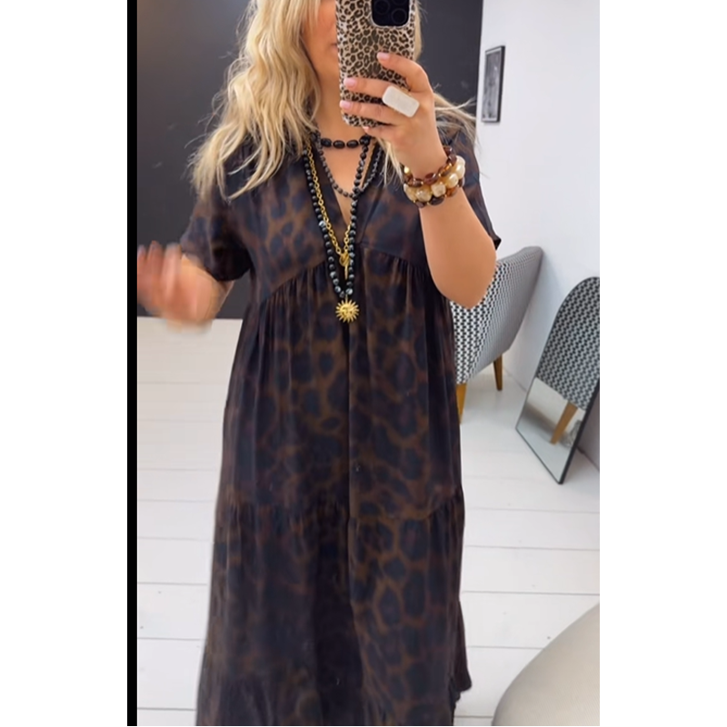 🌸Nieuwe lentecollectie & 50% korting❤️‍🔥Maxijurk met V-hals en luipaardprint voor dames