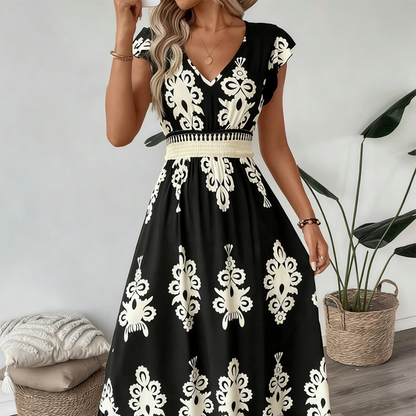 🌸 50% Korting – Elegante Jurk met V-hals & Barokprint | Luchtig, Comfortabel & Vrouwelijk