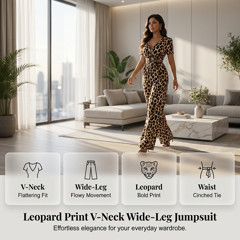 Jumpsuit met luipaardprint, V-hals en wijde pijpen
