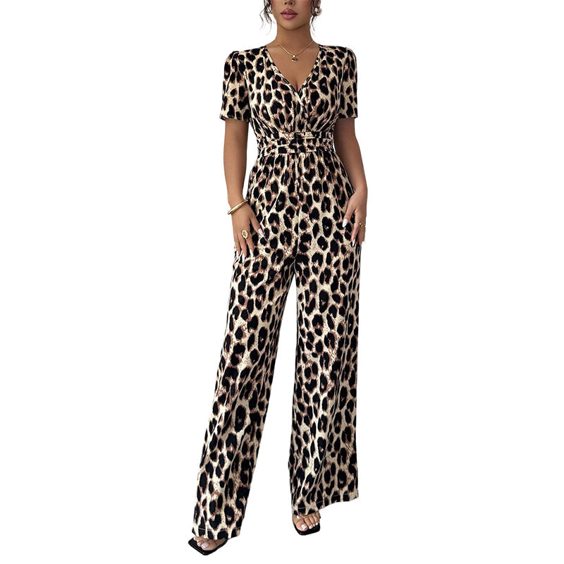 Jumpsuit met luipaardprint, V-hals en wijde pijpen