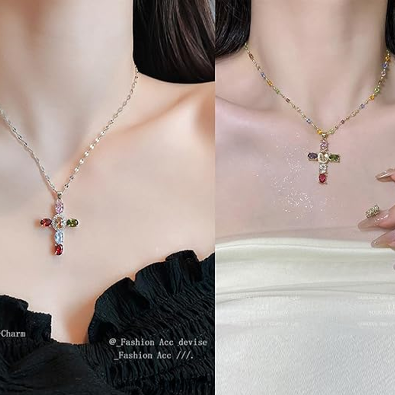 💎 50% KORTING!! ✝️ Kleurrijke ketting met kruisvormige hanger van strass – levendige glinstering, verstelbare lengte en een betekenisvol statement ✨