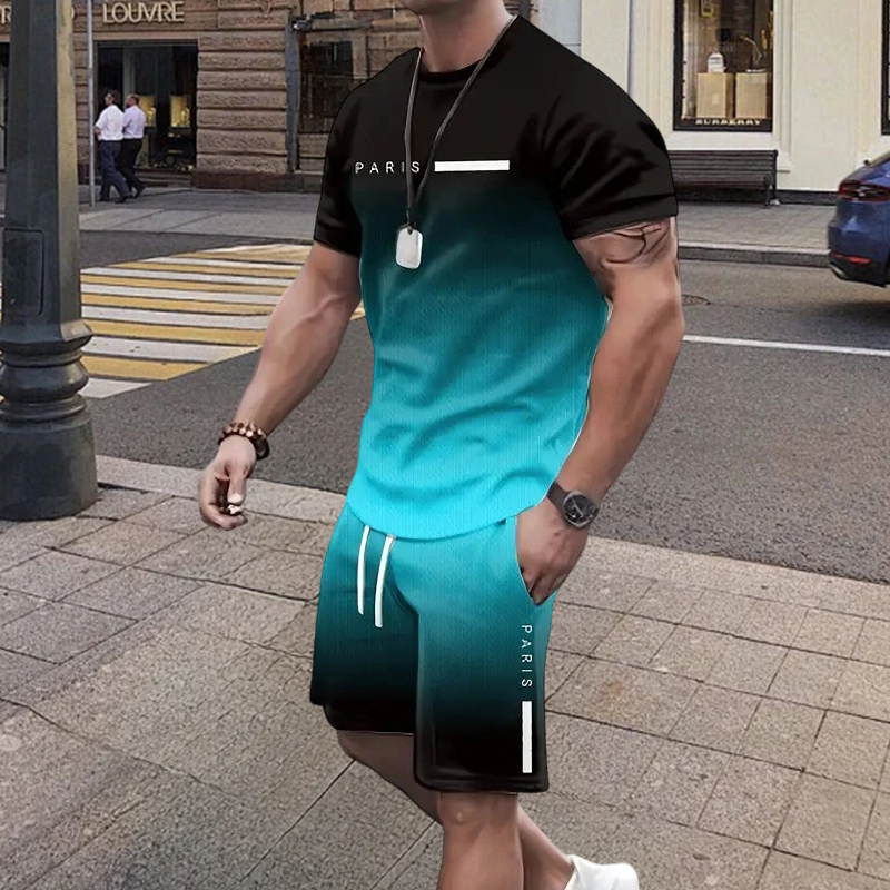 De heren set bestaande uit een gradient-kleur T-shirt en shorts