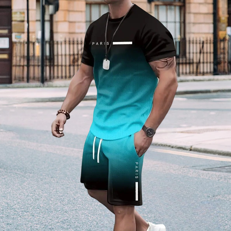 De heren set bestaande uit een gradient-kleur T-shirt en shorts