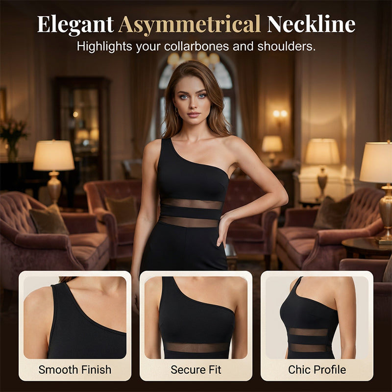 🔥 50% KORTING + GRATIS VERZENDING ✨ One-Shoulder Jumpsuit met Mesh Paneel & Wijde Pijpen | Elegant, Luchtig en Flatterend voor Elke Gelegenheid ✨👗