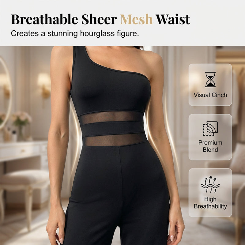 🔥 50% KORTING + GRATIS VERZENDING ✨ One-Shoulder Jumpsuit met Mesh Paneel & Wijde Pijpen | Elegant, Luchtig en Flatterend voor Elke Gelegenheid ✨👗