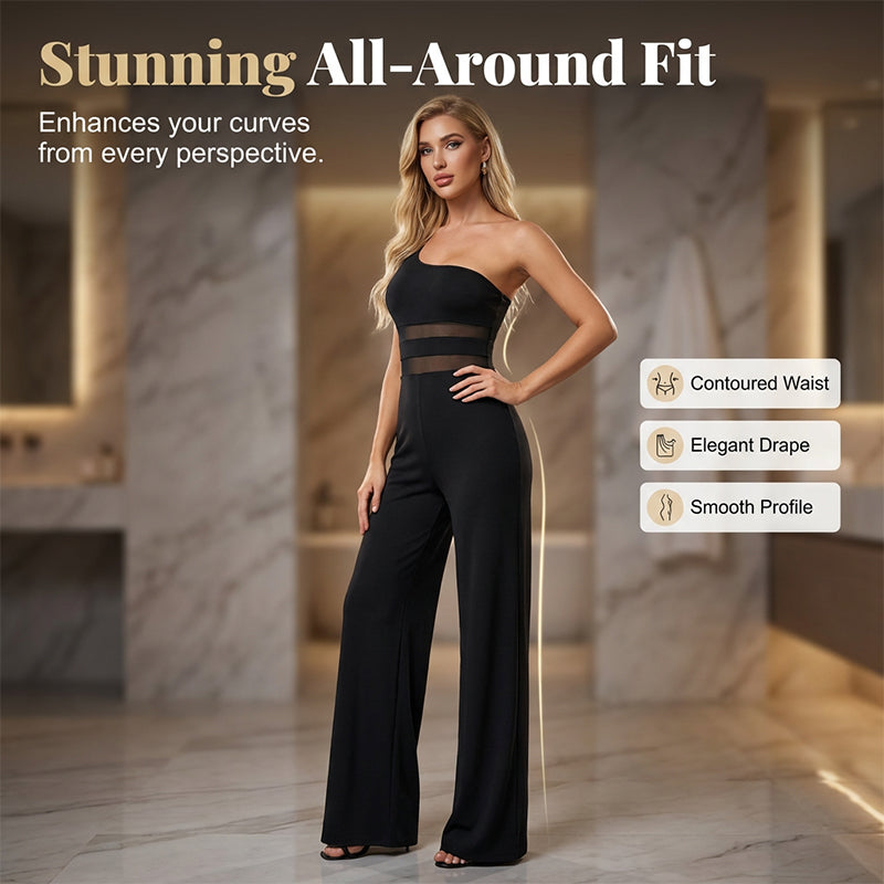 🔥 50% KORTING + GRATIS VERZENDING ✨ One-Shoulder Jumpsuit met Mesh Paneel & Wijde Pijpen | Elegant, Luchtig en Flatterend voor Elke Gelegenheid ✨👗