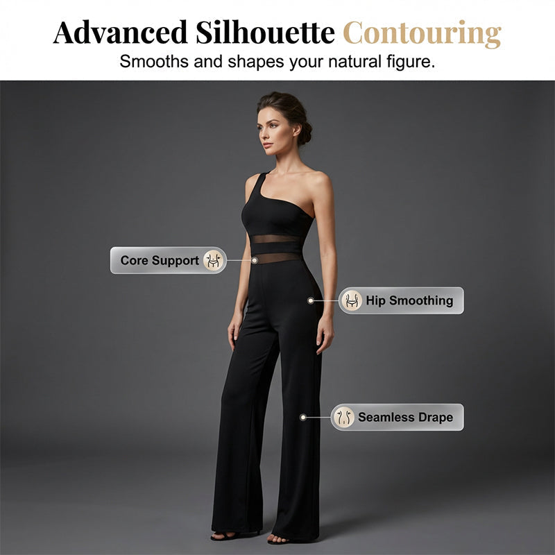 🔥 50% KORTING + GRATIS VERZENDING ✨ One-Shoulder Jumpsuit met Mesh Paneel & Wijde Pijpen | Elegant, Luchtig en Flatterend voor Elke Gelegenheid ✨👗