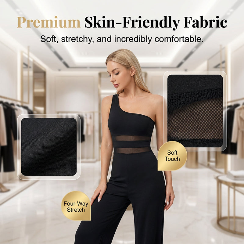🔥 50% KORTING + GRATIS VERZENDING ✨ One-Shoulder Jumpsuit met Mesh Paneel & Wijde Pijpen | Elegant, Luchtig en Flatterend voor Elke Gelegenheid ✨👗
