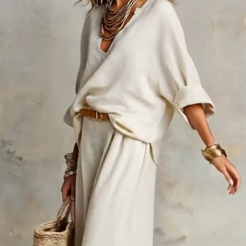 Dames Set: Top met V-hals & Broek met Wijde Pijpen