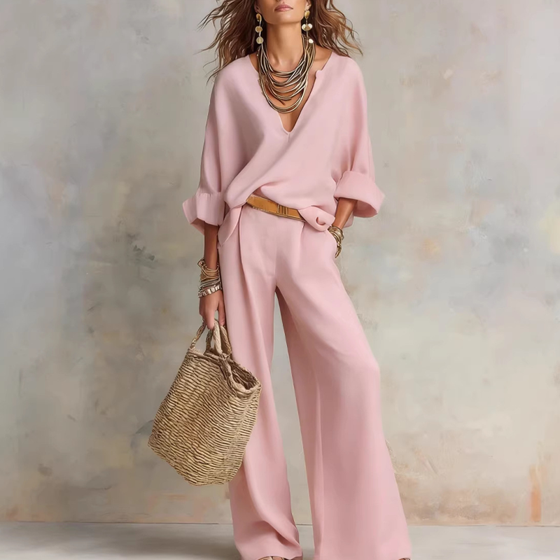 Dames Set: Top met V-hals & Broek met Wijde Pijpen