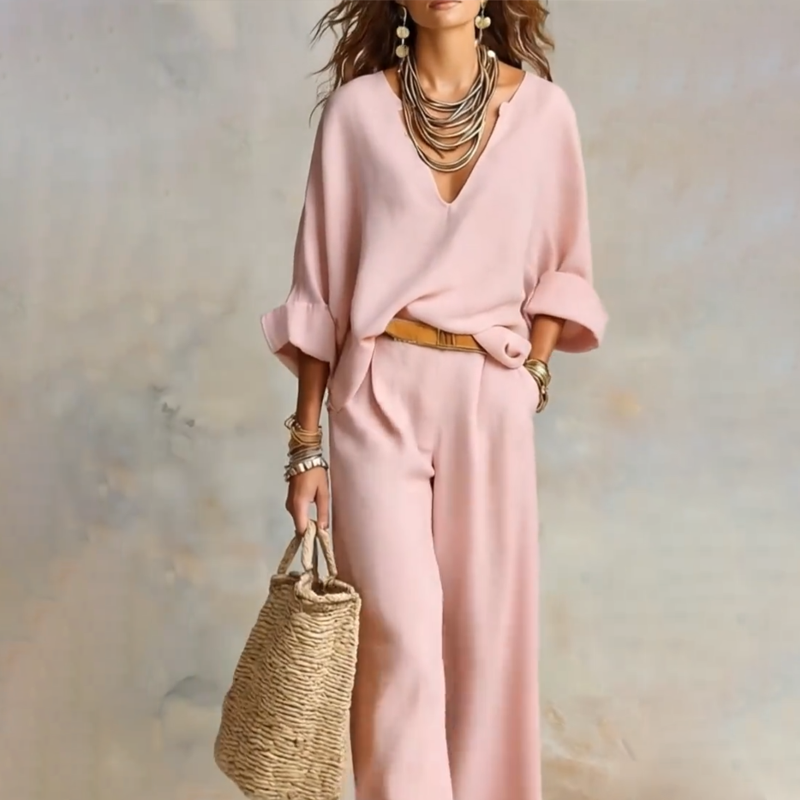 Dames Set: Top met V-hals & Broek met Wijde Pijpen