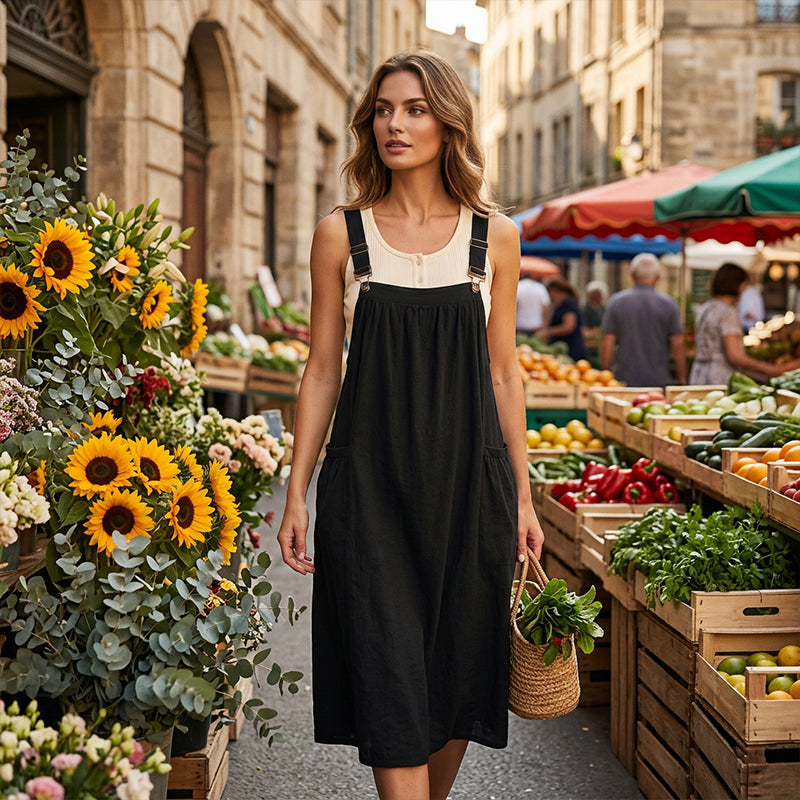 👗 Damesjurk met schouderbandjes – losse pasvorm, met zakken, comfortabel en casual 🍂