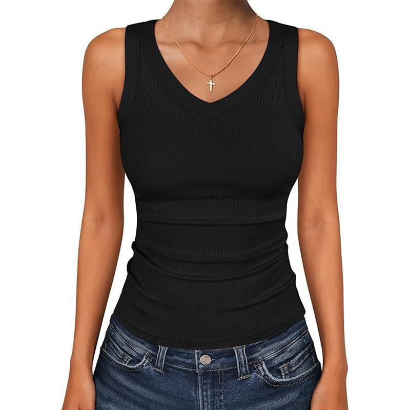 Dames tanktop met V-hals en ribbels