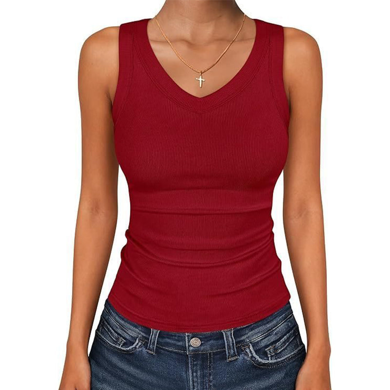 Dames tanktop met V-hals en ribbels