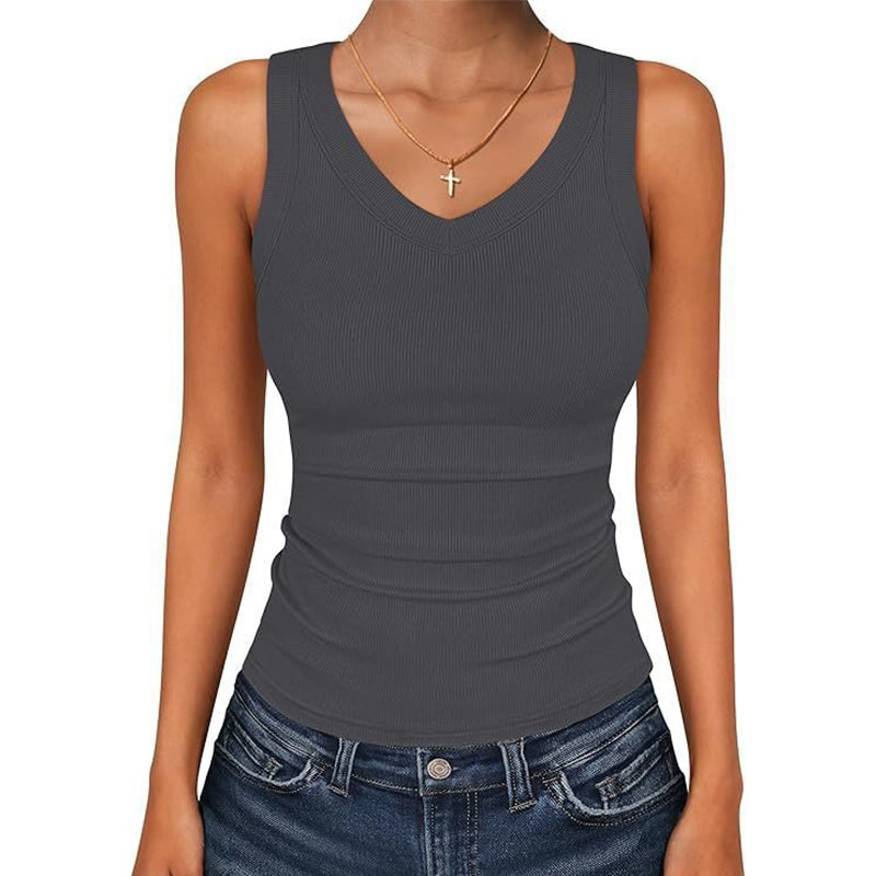 Dames tanktop met V-hals en ribbels