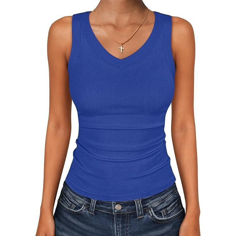 Dames tanktop met V-hals en ribbels