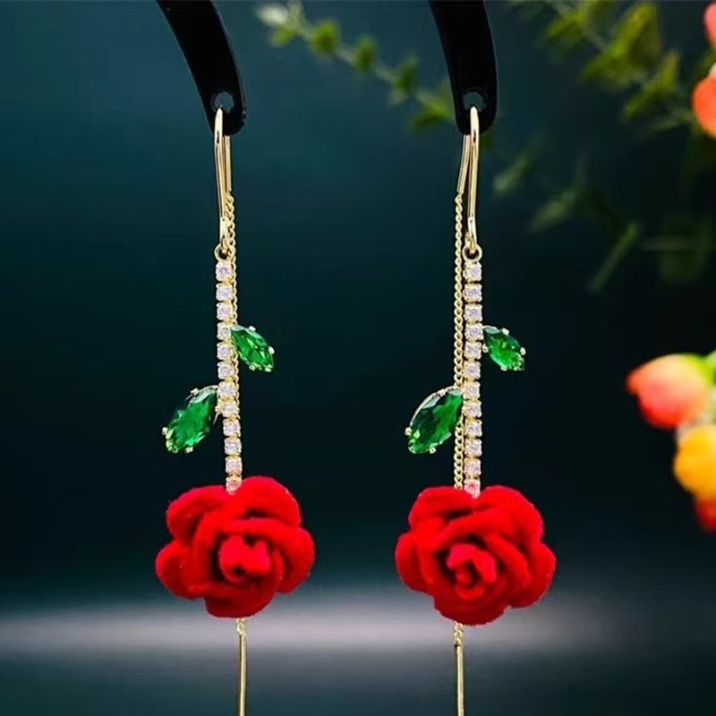 🌹✨PROMOTIE -50%💎Rood-roze oorbellen met kristallen staaf – Threader-stijl, micro-ingelegd & romantisch ontwerp (goud met groen)
