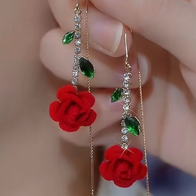 🌹✨PROMOTIE -50%💎Rood-roze oorbellen met kristallen staaf – Threader-stijl, micro-ingelegd & romantisch ontwerp (goud met groen)