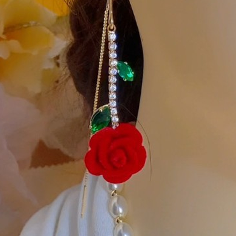 🌹✨PROMOTIE -50%💎Rood-roze oorbellen met kristallen staaf – Threader-stijl, micro-ingelegd & romantisch ontwerp (goud met groen)