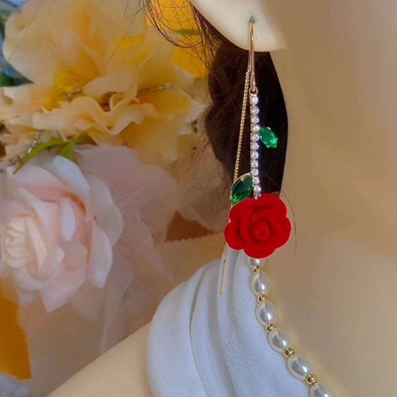 🌹✨PROMOTIE -50%💎Rood-roze oorbellen met kristallen staaf – Threader-stijl, micro-ingelegd & romantisch ontwerp (goud met groen)