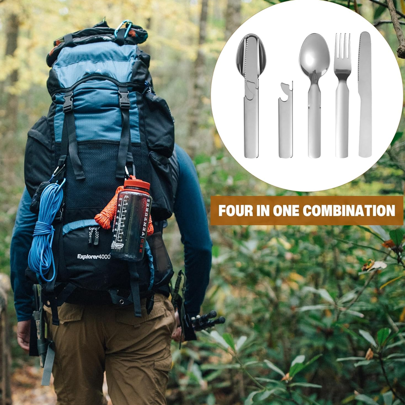 🥄4-in-1 Draagbare Bestekset van Roestvrij Staal – Vork, Lepel, Mes + Flessenopener, Compact & Lichtgewicht voor Picknick en Reizen