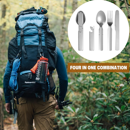 🥄4-in-1 Draagbare Bestekset van Roestvrij Staal – Vork, Lepel, Mes + Flessenopener, Compact & Lichtgewicht voor Picknick en Reizen