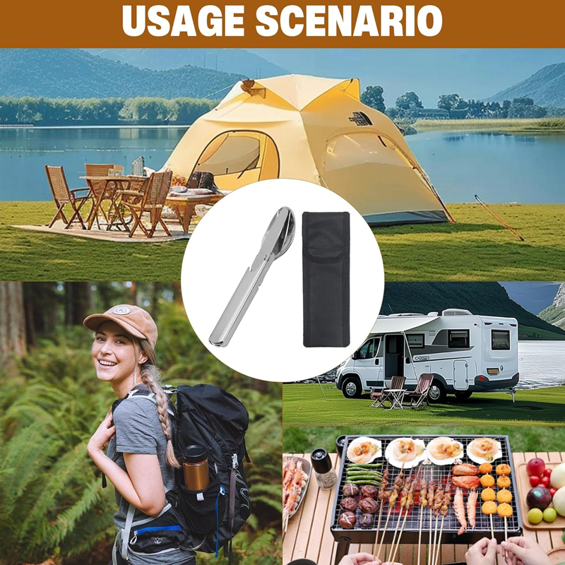 🥄4-in-1 Draagbare Bestekset van Roestvrij Staal – Vork, Lepel, Mes + Flessenopener, Compact & Lichtgewicht voor Picknick en Reizen