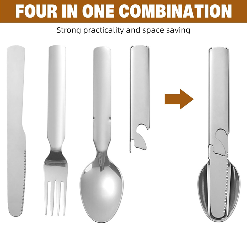 🥄4-in-1 Draagbare Bestekset van Roestvrij Staal – Vork, Lepel, Mes + Flessenopener, Compact & Lichtgewicht voor Picknick en Reizen