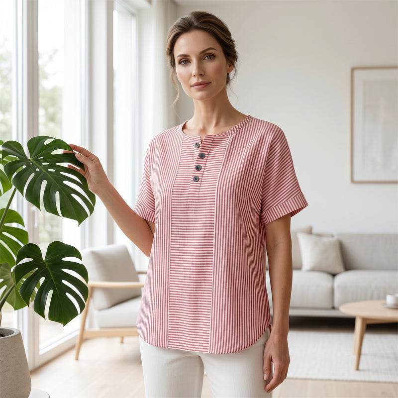 👕 Gestreept Henley-Shirt – Comfortabel, Strijkvrij & Zacht voor Elke Dag ✨