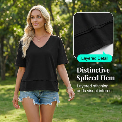 👕 Dames-top met korte mouwen en een V-hals met gepatchte zoom — luchtig en casual, de perfecte keuze voor de zomer 🌸