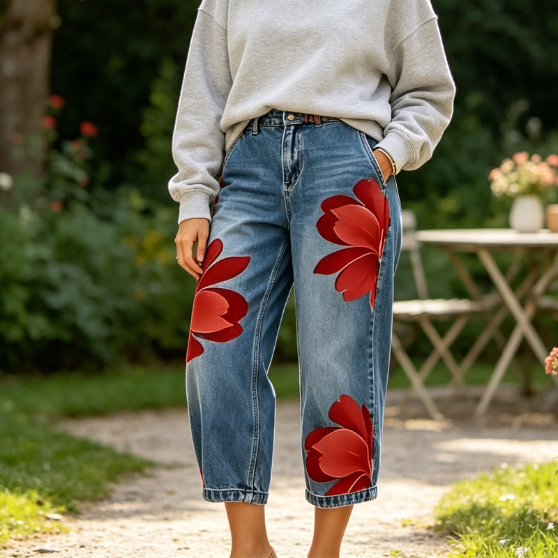 Wide-Leg Jeans voor Dames met Artistieke Bloemenprint