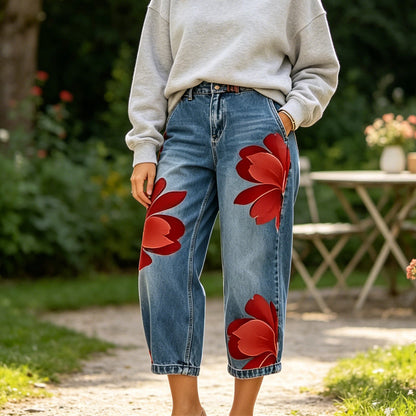 Wide-Leg Jeans voor Dames met Artistieke Bloemenprint