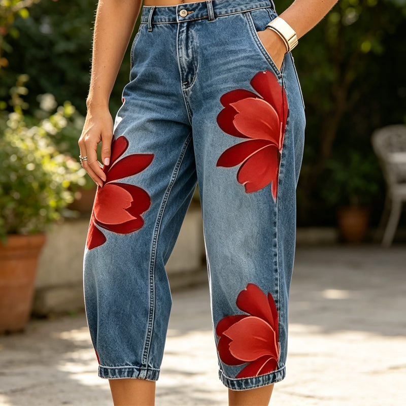 Wide-Leg Jeans voor Dames met Artistieke Bloemenprint