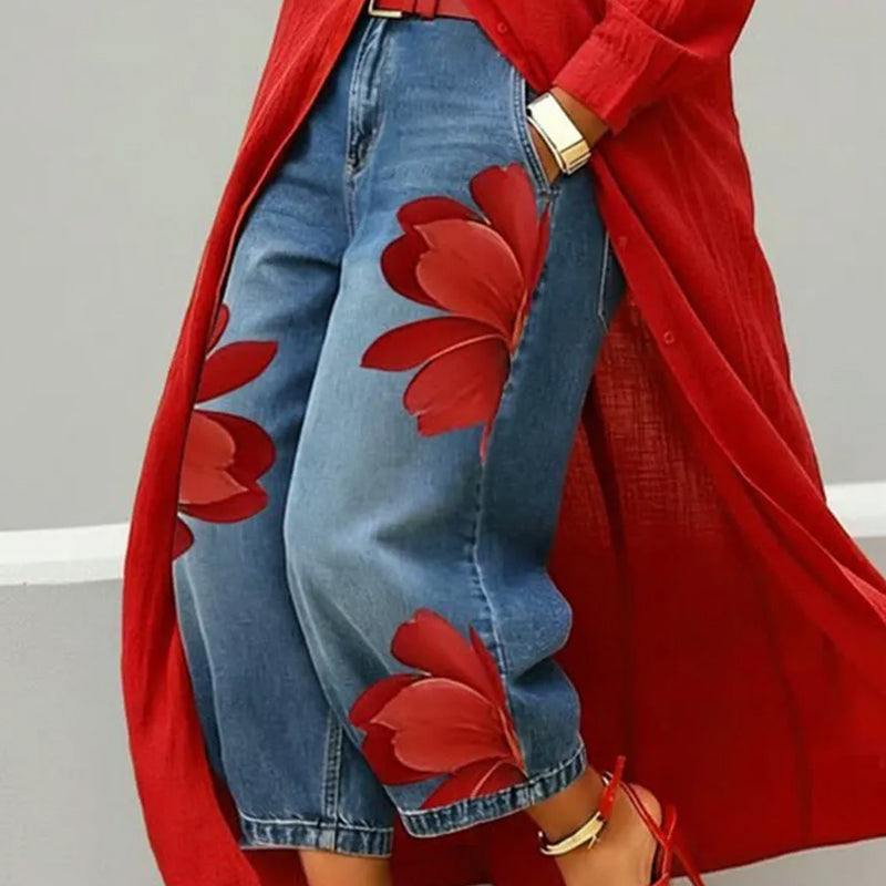 Wide-Leg Jeans voor Dames met Artistieke Bloemenprint