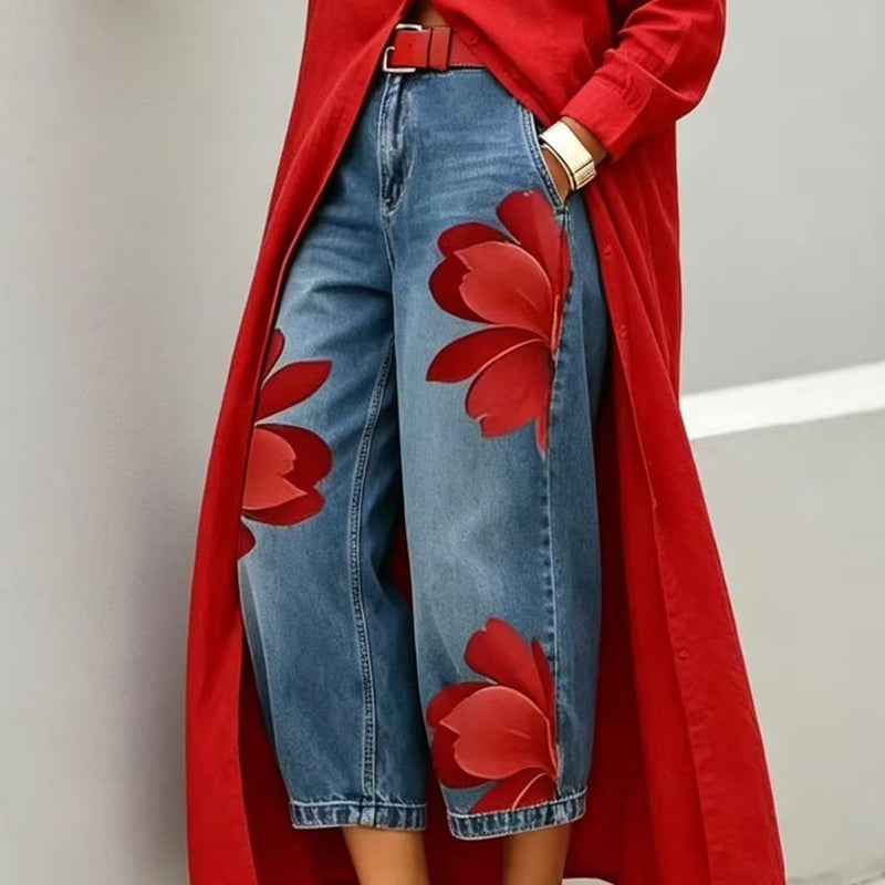Wide-Leg Jeans voor Dames met Artistieke Bloemenprint