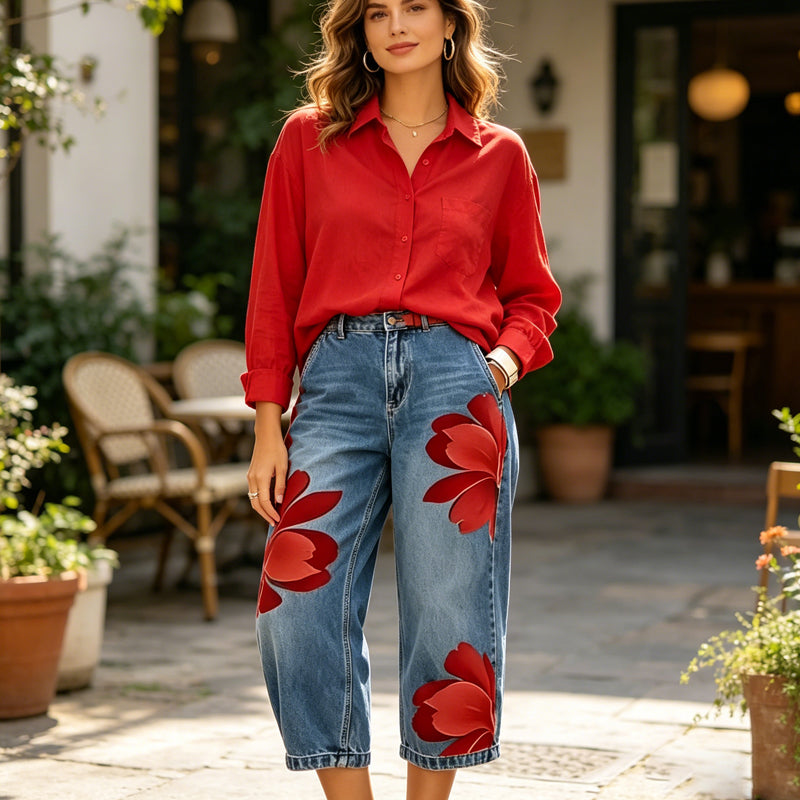 Wide-Leg Jeans voor Dames met Artistieke Bloemenprint