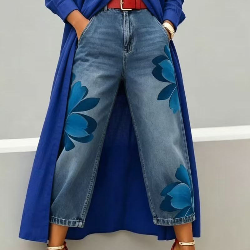 Wide-Leg Jeans voor Dames met Artistieke Bloemenprint