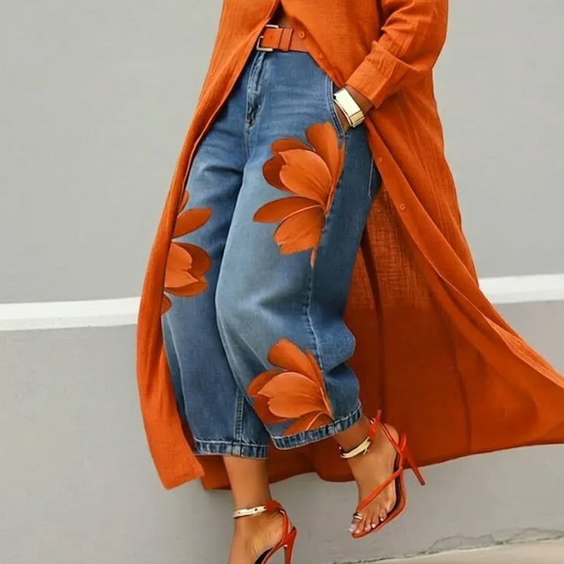 Wide-Leg Jeans voor Dames met Artistieke Bloemenprint