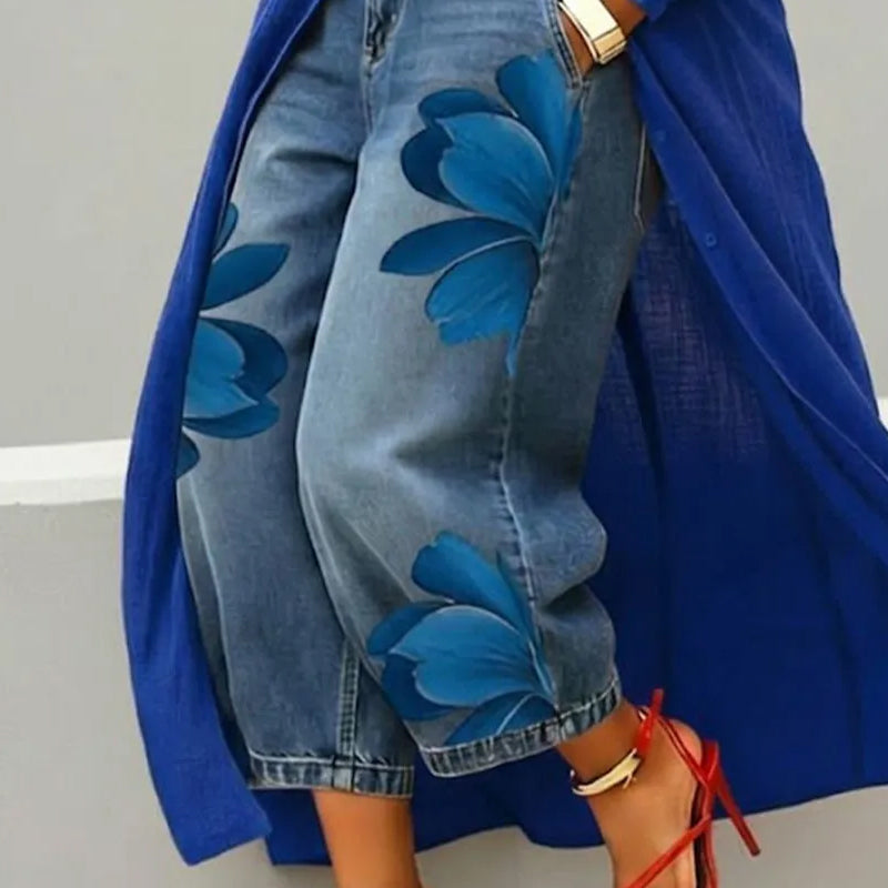 Wide-Leg Jeans voor Dames met Artistieke Bloemenprint