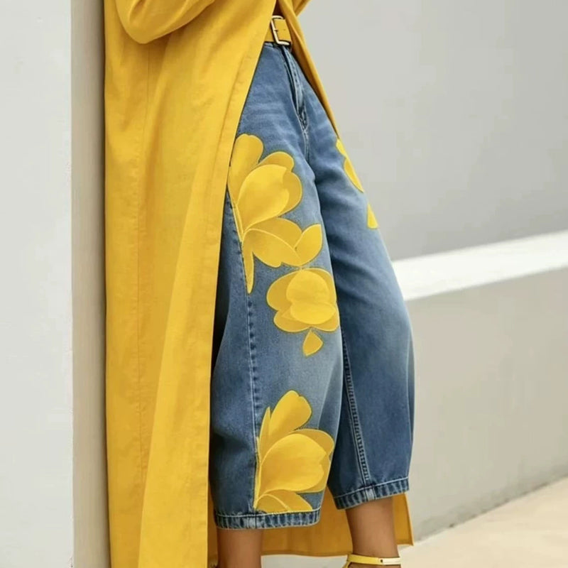 Wide-Leg Jeans voor Dames met Artistieke Bloemenprint