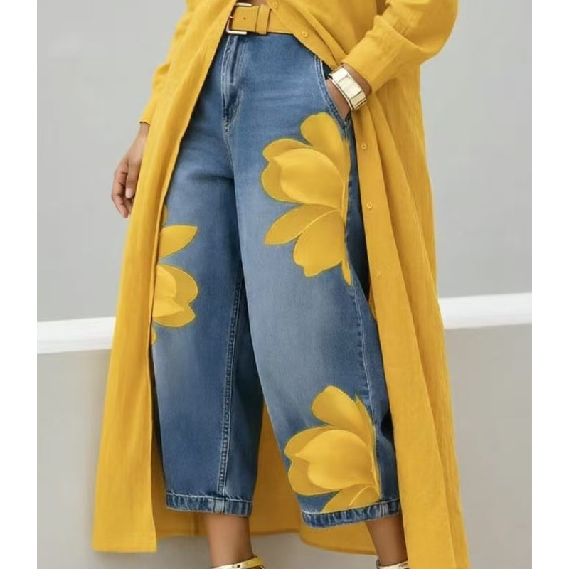 Wide-Leg Jeans voor Dames met Artistieke Bloemenprint