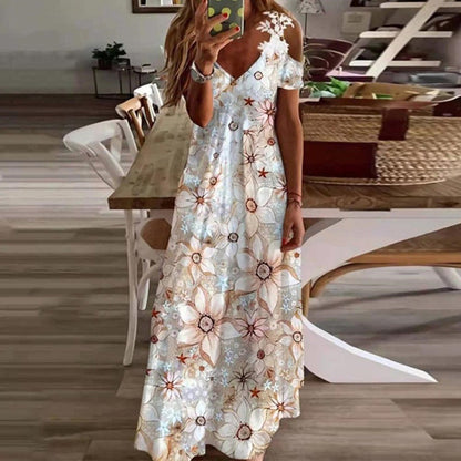 👗 Dames maxi jurk met bloemenprint, V-hals en open schouders 🌞